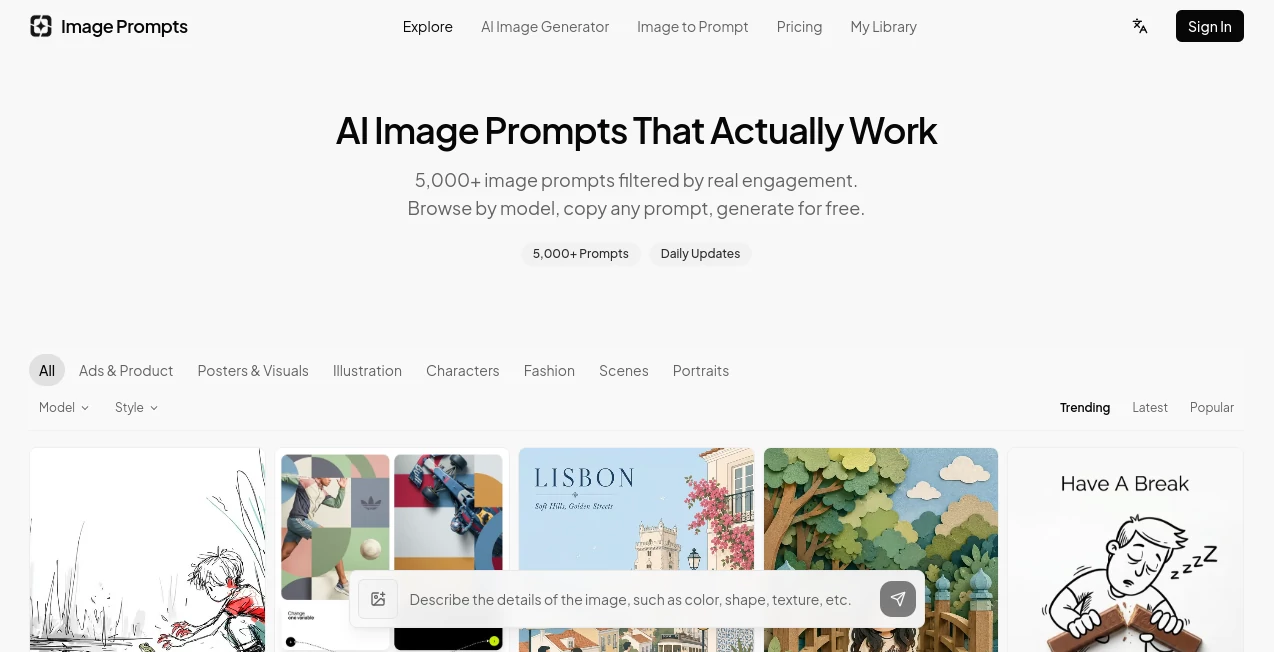 Screenshot of Image Prompts – An AI tool in the ,AI Text to Image ,AI Photo & Image Generator ,AI Art Generator ,Prompt  category, showcasing its interface and key features.
