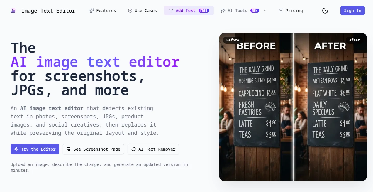 Screenshot of Image Text Editor – An AI tool in the ,Photo & Image Editor ,AI Photo Enhancer ,AI Design Generator ,AI Image to Image  category, showcasing its interface and key features.