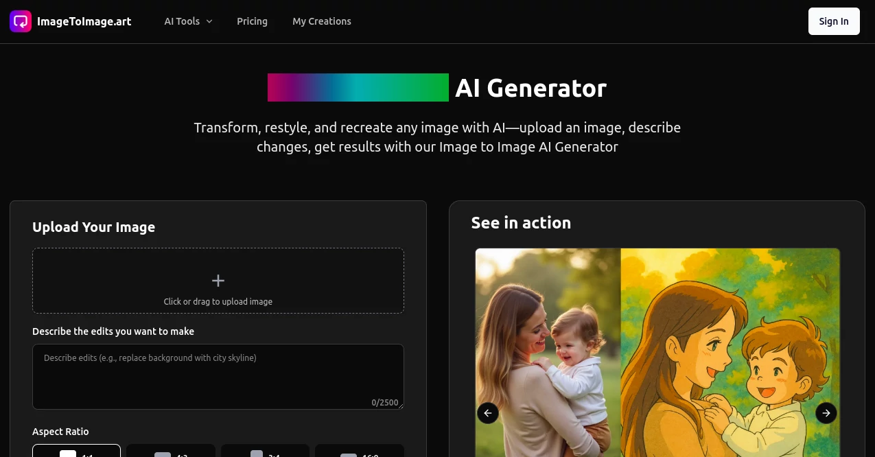 Screenshot of Image to Image AI Generator – An AI tool in the ,Photo & Image Editor ,AI Art Generator ,AI Design Generator ,AI Image to Image  category, showcasing its interface and key features.