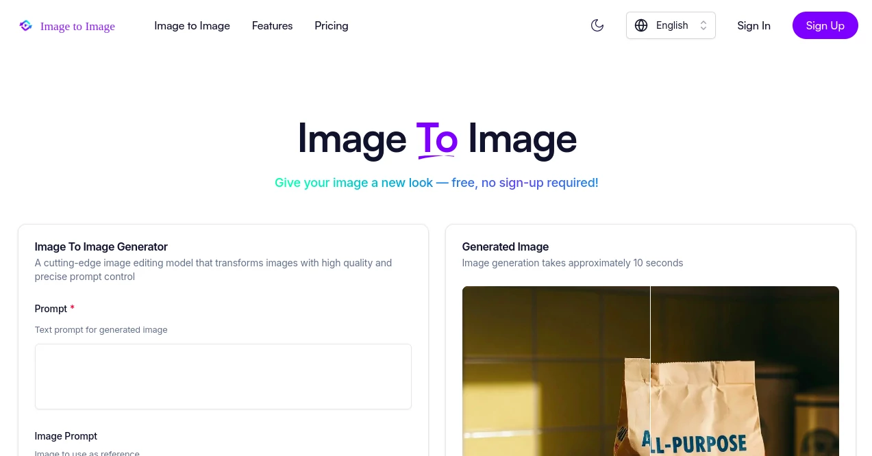 Screenshot of Image to Image – An AI tool in the ,AI Photo & Image Generator ,Photo & Image Editor ,AI Design Generator ,AI Image to Image  category, showcasing its interface and key features.