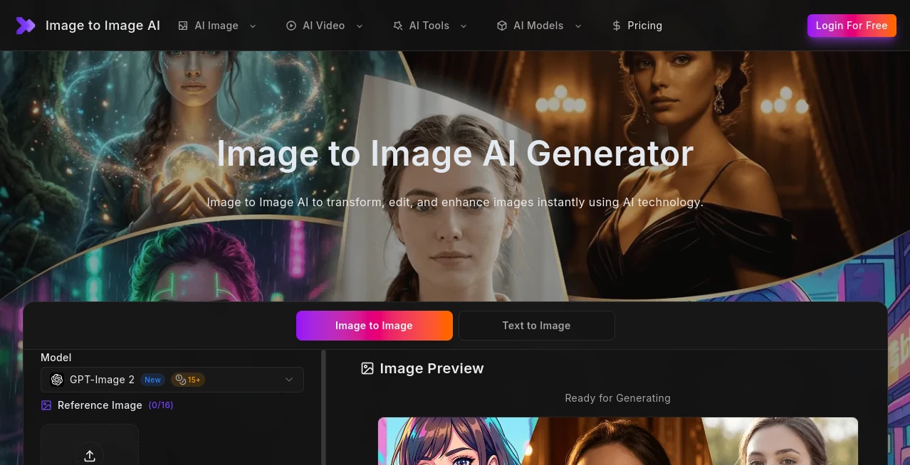 Screenshot of Image to Image AI – An AI tool in the ,AI Photo & Image Generator ,AI Photo Enhancer ,AI Image to Image ,AI Design Generator  category, showcasing its interface and key features.