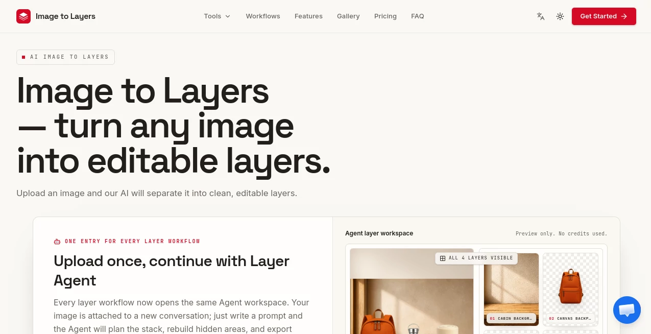 Screenshot of Image to Layers – An AI tool in the ,Photo & Image Editor ,AI Graphic Design ,AI Image Segmentation  category, showcasing its interface and key features.