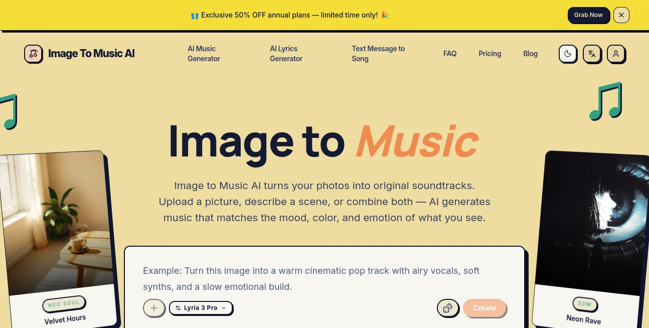 Screenshot of Image To Music AI – An AI tool in the ,AI Audio Enhancer ,AI Music Generator ,AI Text to Music  category, showcasing its interface and key features.