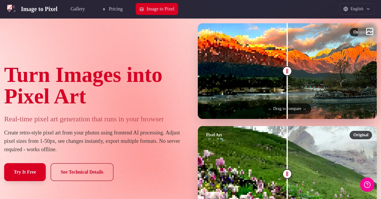 Screenshot of Image to Pixel – An AI tool in the ,AI Pixel Art  category, showcasing its interface and key features.