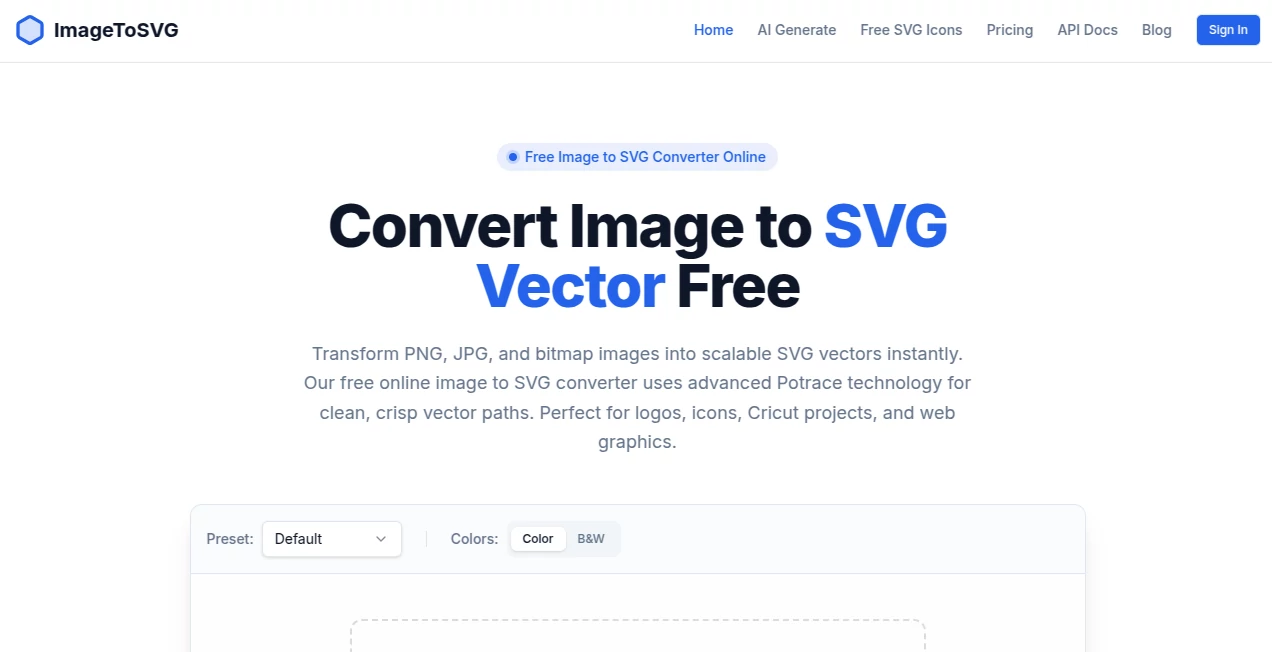 Screenshot of imagetosvg – An AI tool in the ,AI Logo Generator ,AI Image to Image ,AI Design Generator ,AI Graphic Design  category, showcasing its interface and key features.