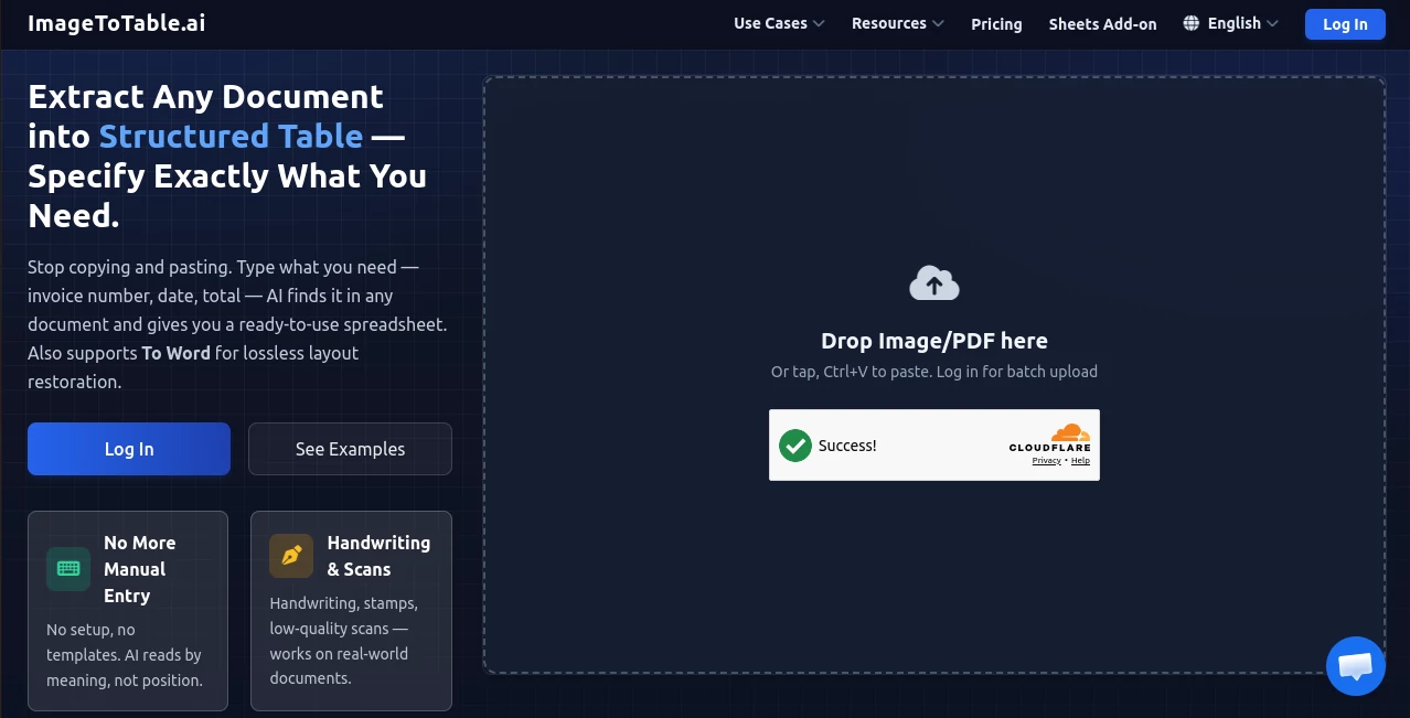 Screenshot of ImageToTable.ai – An AI tool in the ,AI Spreadsheet ,AI PDF ,AI Document Extraction ,AI Files Assistant  category, showcasing its interface and key features.