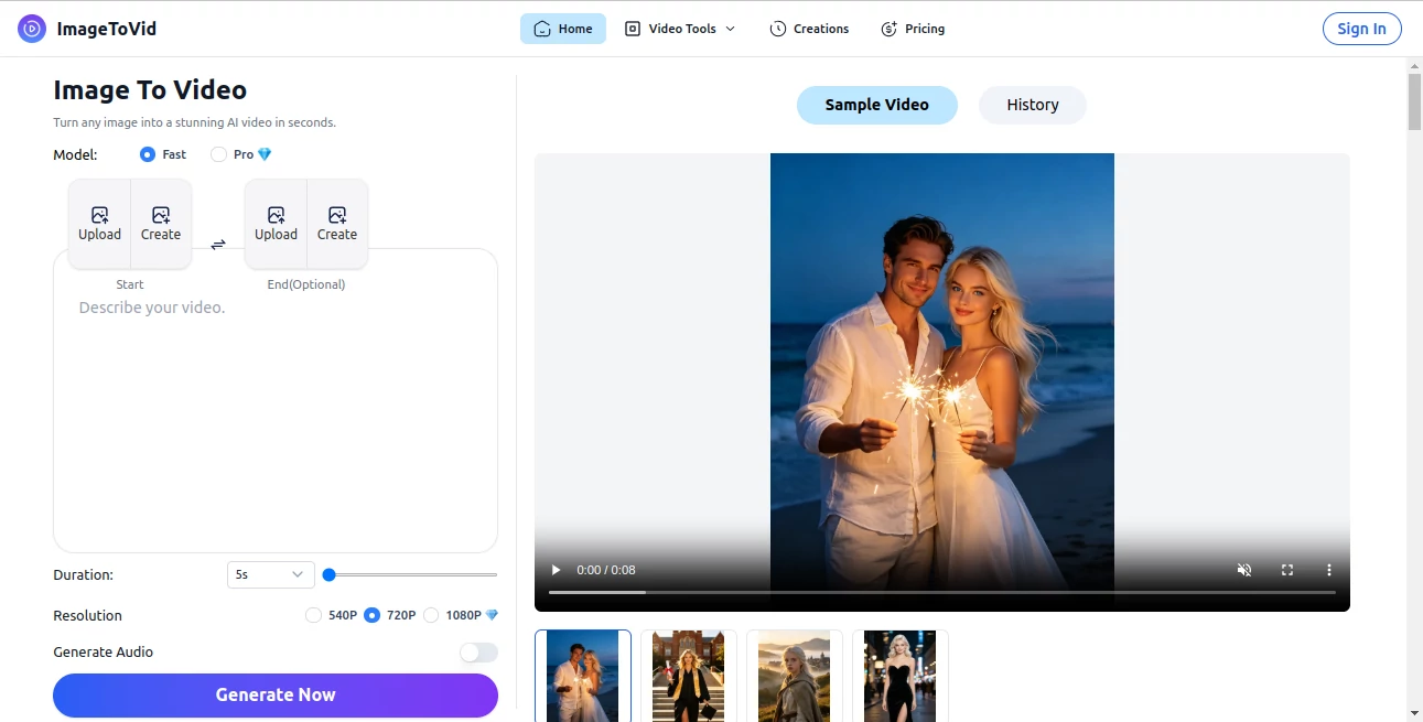 Screenshot of ImageToVid – An AI tool in the ,AI Image to Video ,AI Video Generator  category, showcasing its interface and key features.