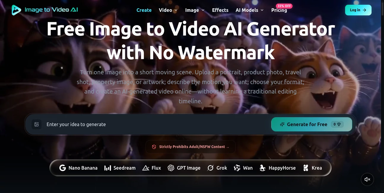 Screenshot of Image to Video AI – An AI tool in the ,AI Image to Video ,AI Video Generator ,AI Text to Video  category, showcasing its interface and key features.