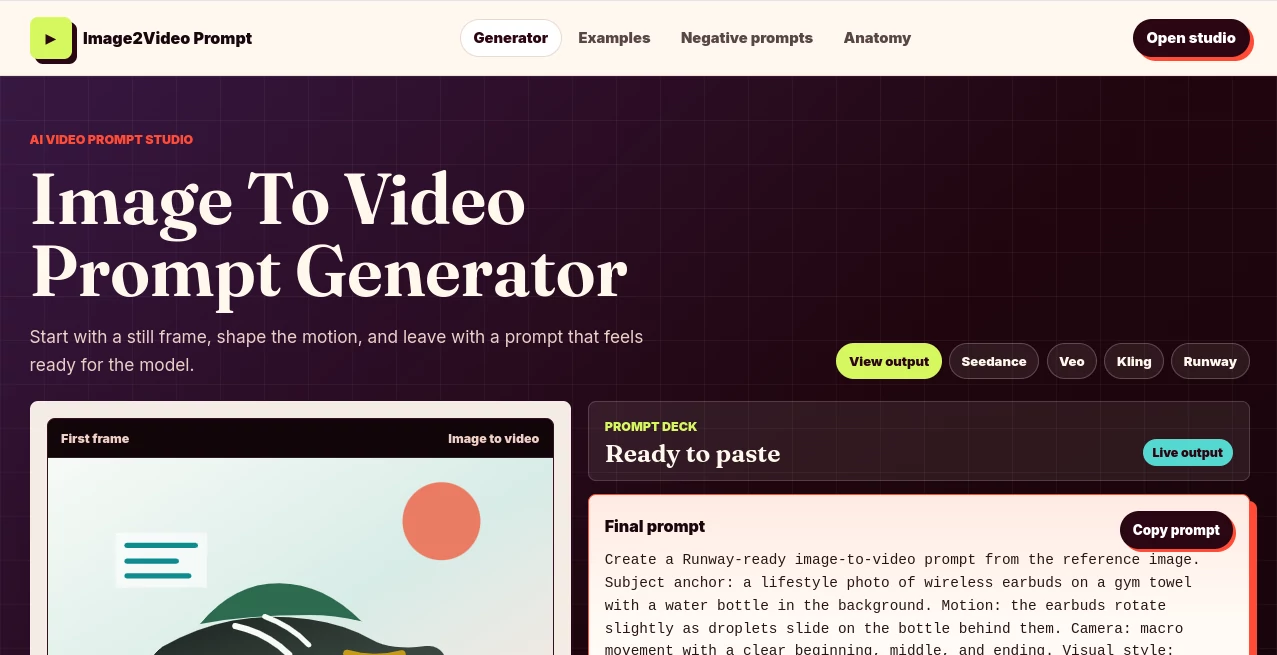 Screenshot of Image To Video Prompt – An AI tool in the ,AI Image to Video ,AI Video Editor ,AI Video Generator ,Prompt  category, showcasing its interface and key features.