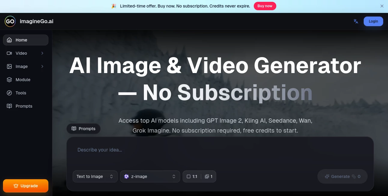 Screenshot of imagineGo AI – An AI tool in the ,AI Photo & Image Generator ,AI Image to Video ,AI Text to Video ,AI Video Generator  category, showcasing its interface and key features.