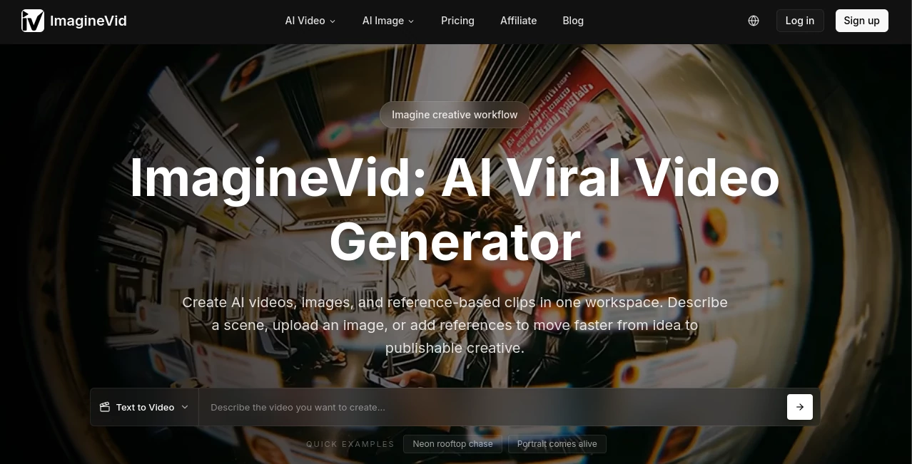 Screenshot of ImagineVid – An AI tool in the ,AI Animated Video ,AI Image to Video ,AI Text to Video ,AI Video Generator  category, showcasing its interface and key features.