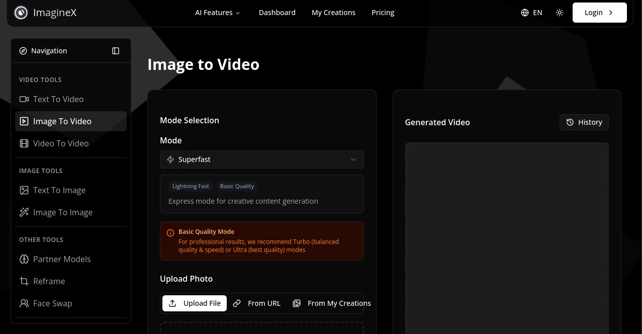 Screenshot of imaginex - Image to Video – An AI tool in the ,AI Animated Video ,AI Image to Video ,AI Video Editor ,AI Video Generator  category, showcasing its interface and key features.