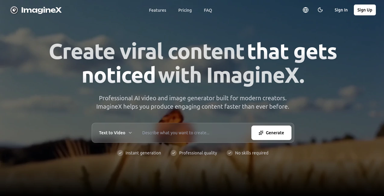 Screenshot of ImagineX – An AI tool in the ,AI Photo & Image Generator ,AI Text to Video ,AI Video Generator ,AI Short Clips Generator  category, showcasing its interface and key features.