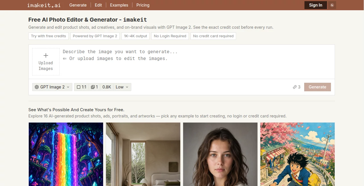 Screenshot of imakeit.ai – An AI tool in the ,AI Photo & Image Generator ,AI Video Generator ,Photo & Image Editor ,AI Photo Enhancer ,Image  category, showcasing its interface and key features.