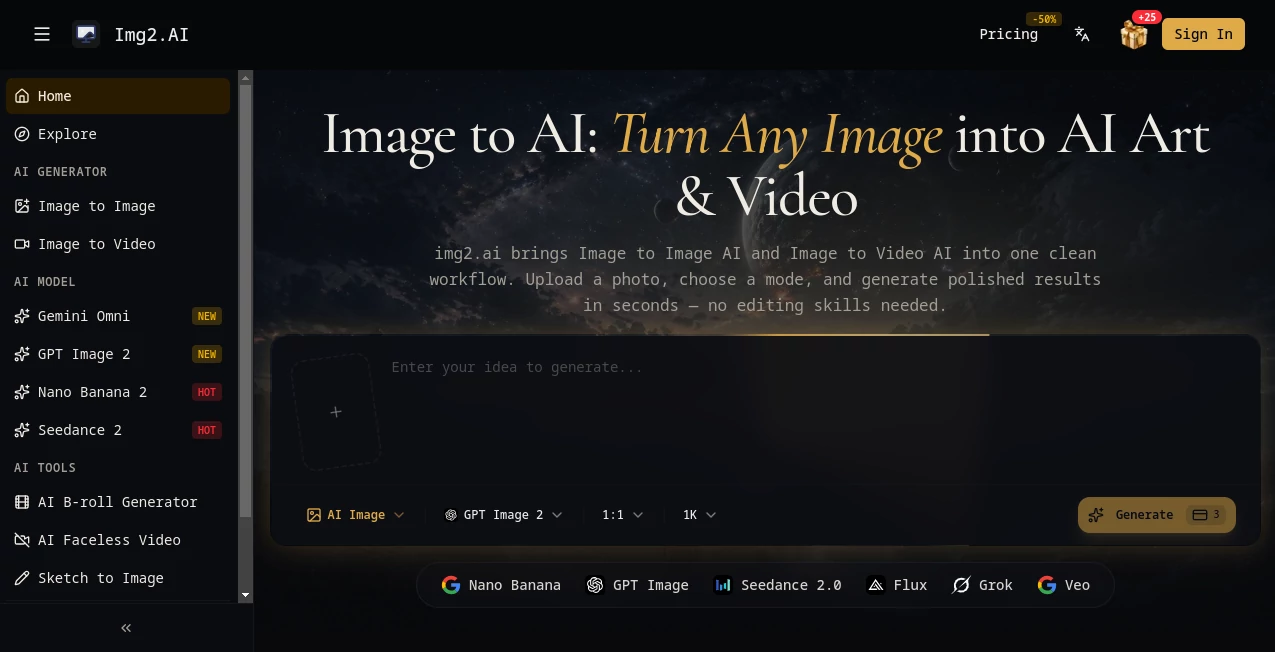 Screenshot of Img2.AI – An AI tool in the ,AI Photo & Image Generator ,AI Image to Image ,AI Image to Video ,AI Video Generator  category, showcasing its interface and key features.