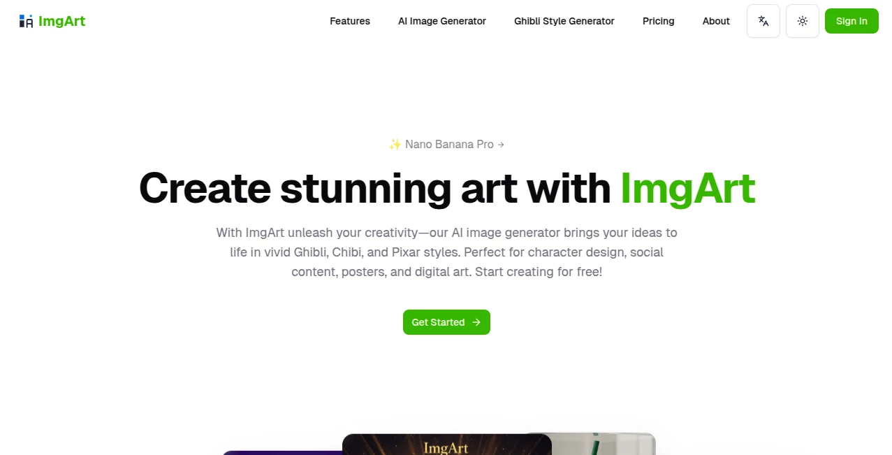 Screenshot of ImgArt – An AI tool in the ,AI Text to Image ,AI Photo & Image Generator ,Photo & Image Editor ,AI Art Generator  category, showcasing its interface and key features.