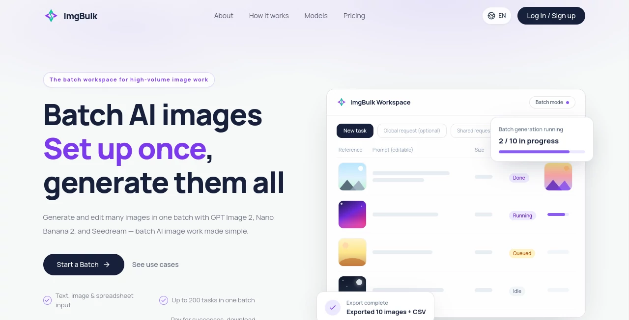 Screenshot of ImgBulk – An AI tool in the ,AI Photo & Image Generator ,AI Marketing Plan Generator ,AI Image to Image  category, showcasing its interface and key features.