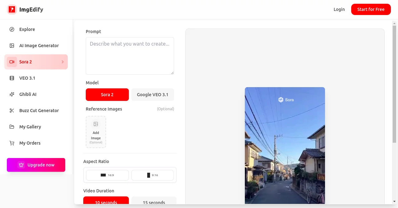 Screenshot of imgedify sora2 – An AI tool in the ,AI Animated Video ,AI Image to Video ,AI Video Generator ,AI Text to Video  category, showcasing its interface and key features.