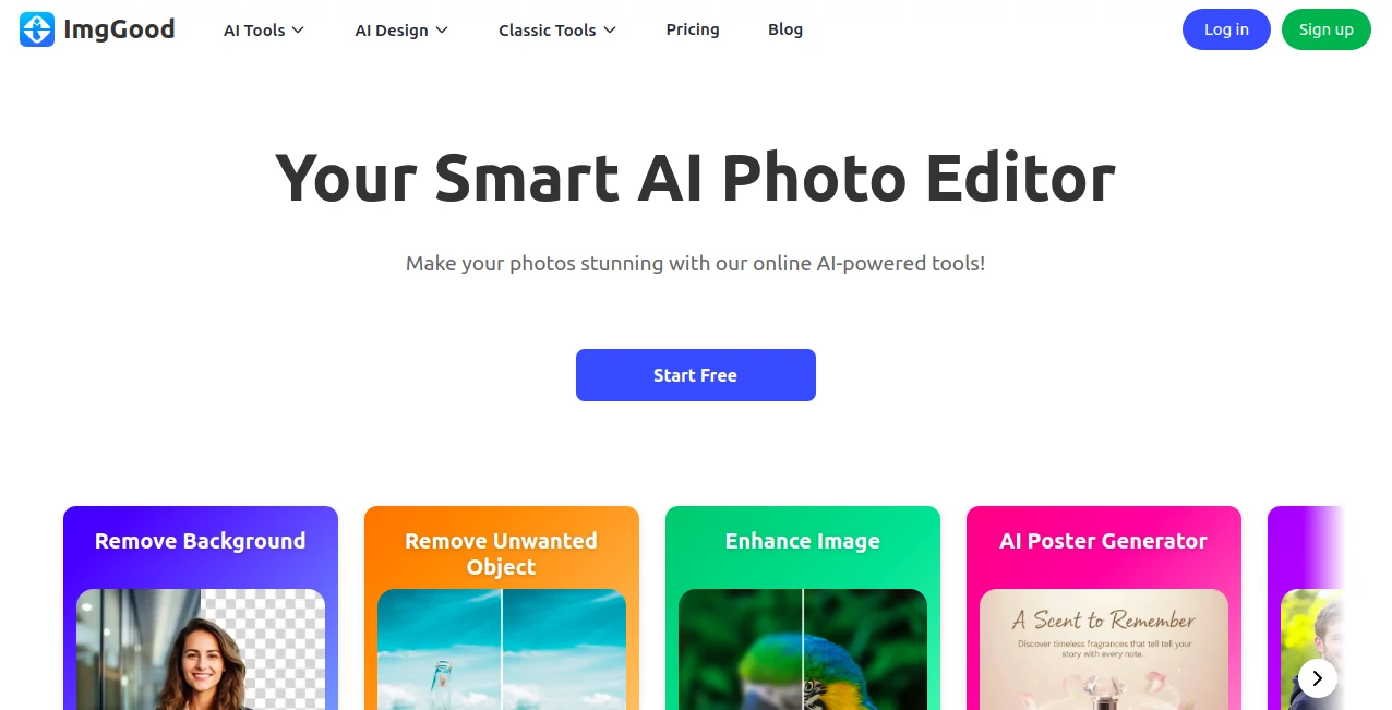 Screenshot of ImgGood – An AI tool in the ,AI Background Remover ,Photo & Image Editor ,AI Photo Enhancer  category, showcasing its interface and key features.