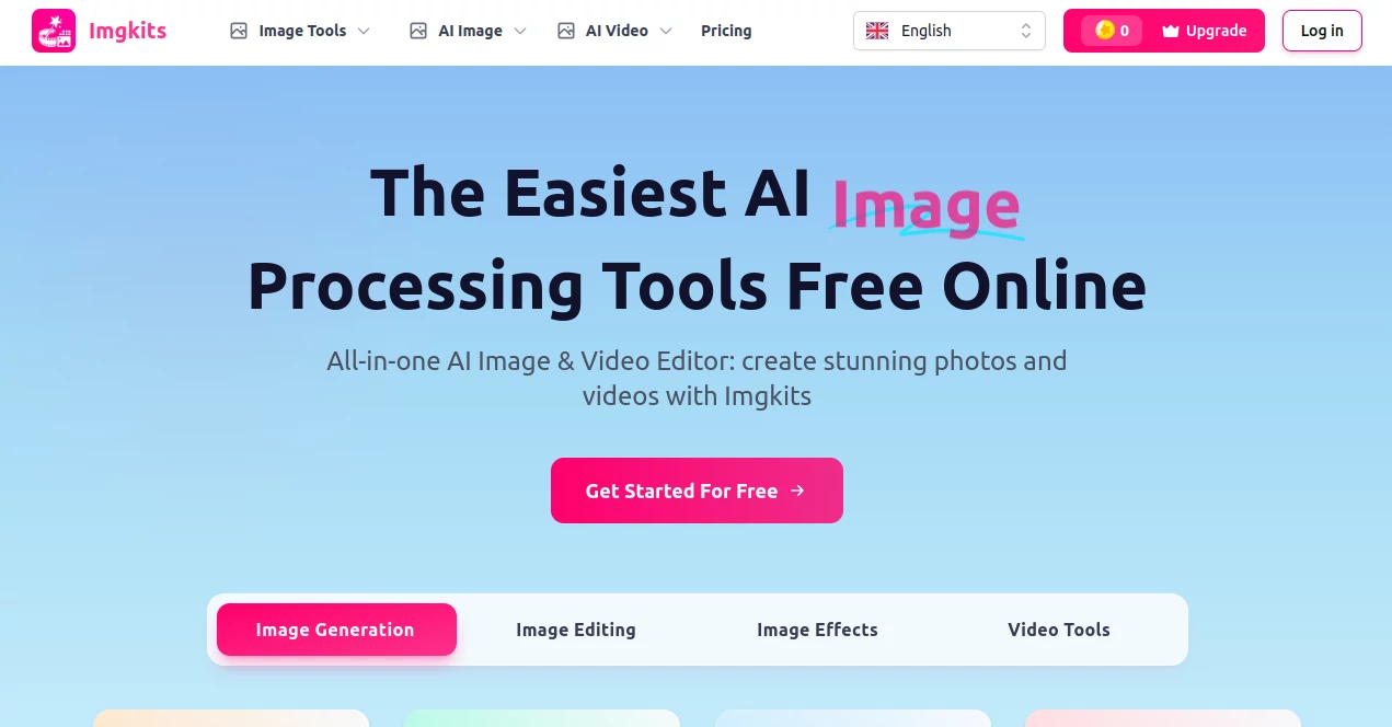 Screenshot of Imgkits – An AI tool in the ,Photo & Image Editor ,AI Photo Enhancer ,AI Background Remover ,AI Image to Video  category, showcasing its interface and key features.