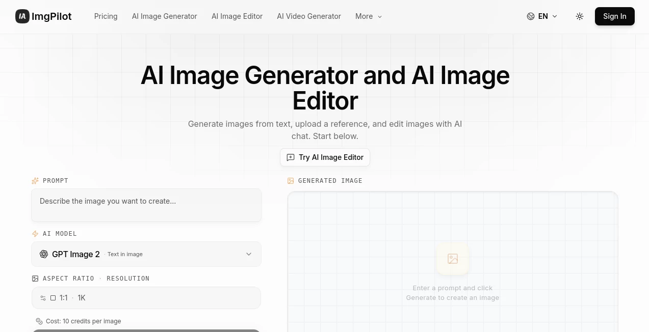Screenshot of ImgPilot – An AI tool in the ,AI Text to Image ,AI Photo & Image Generator ,Photo & Image Editor ,AI Image to Image  category, showcasing its interface and key features.