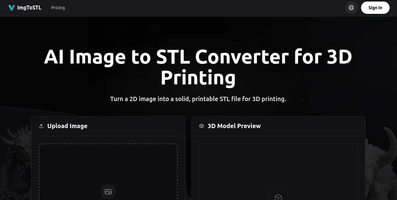 Screenshot of ImgToStl – An AI tool in the ,Photo & Image Editor ,AI Design Generator ,AI 3D Model Generator ,AI Image to 3D Model  category, showcasing its interface and key features.