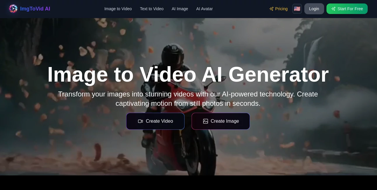 Screenshot of ImgToVid AI – An AI tool in the ,AI Animated Video ,AI Image to Video ,AI Video Generator ,AI Text to Video  category, showcasing its interface and key features.