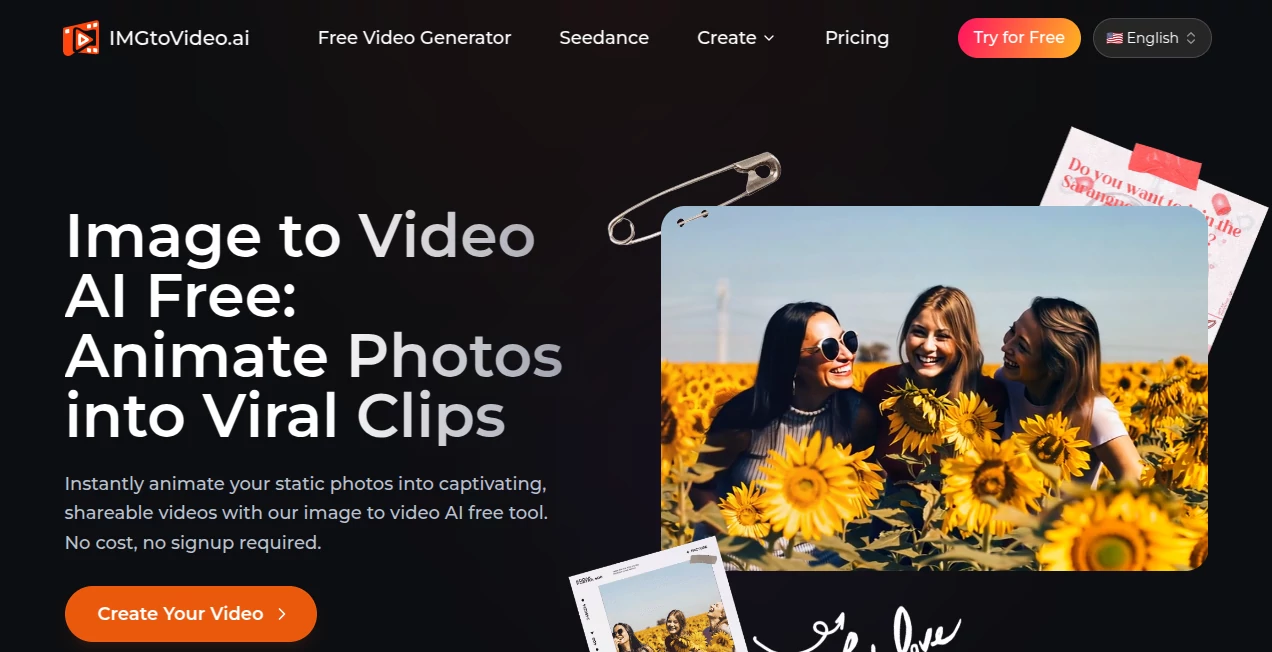Screenshot of IMGtoVideo.ai – An AI tool in the ,AI Image to Video ,AI Video Editor ,AI Text to Video ,AI Video Generator  category, showcasing its interface and key features.