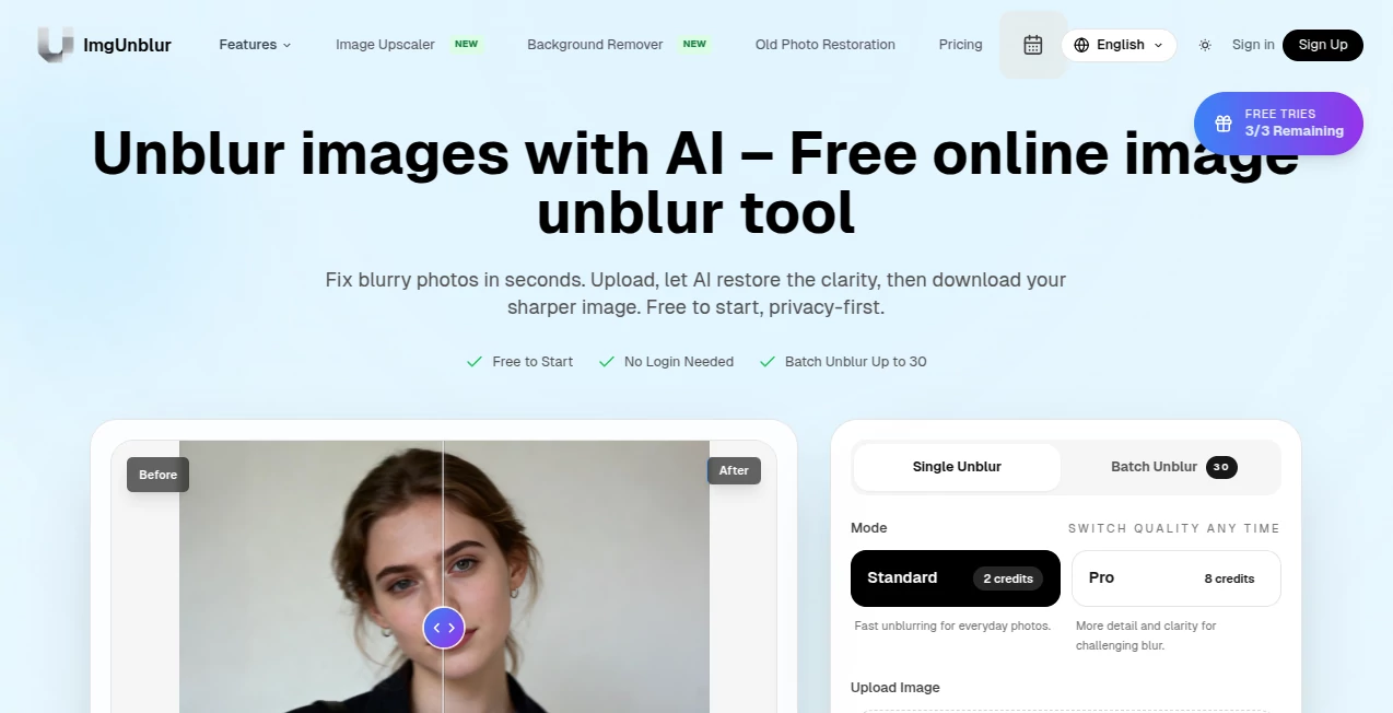 Screenshot of ImgUnblur – An AI tool in the ,Photo & Image Editor ,AI Photo Enhancer ,AI Background Remover ,AI Image Recognition  category, showcasing its interface and key features.