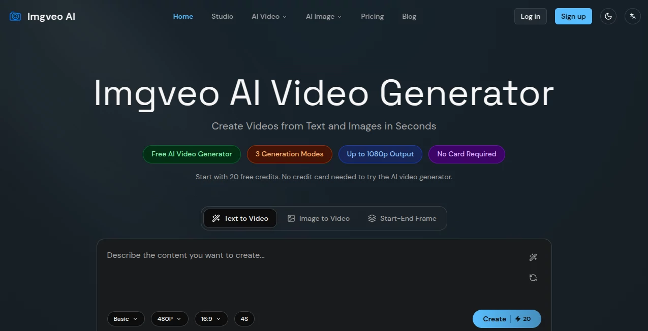 Screenshot of Imgveo AI – An AI tool in the ,AI Image to Video ,AI Video Generator ,AI Text to Video  category, showcasing its interface and key features.