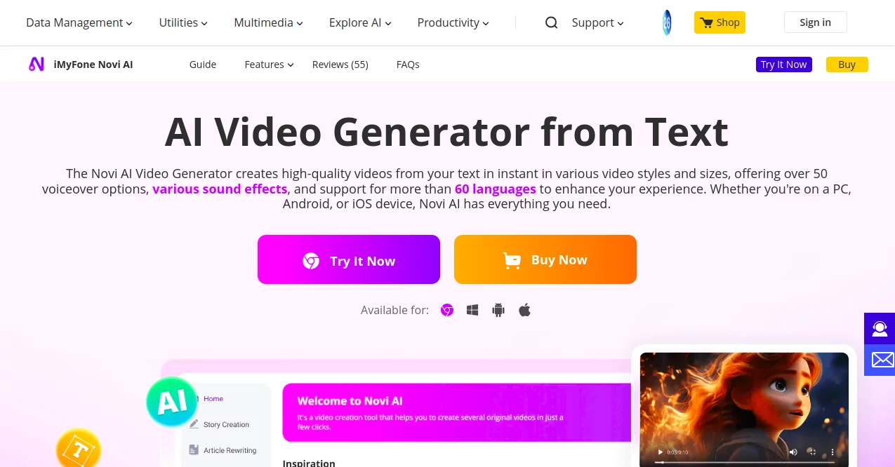 Screenshot of iMyFone - AI Video Generator from Text – An AI tool in the ,AI Animated Video ,AI Video Editor ,AI Text to Video ,AI Video Generator  category, showcasing its interface and key features.