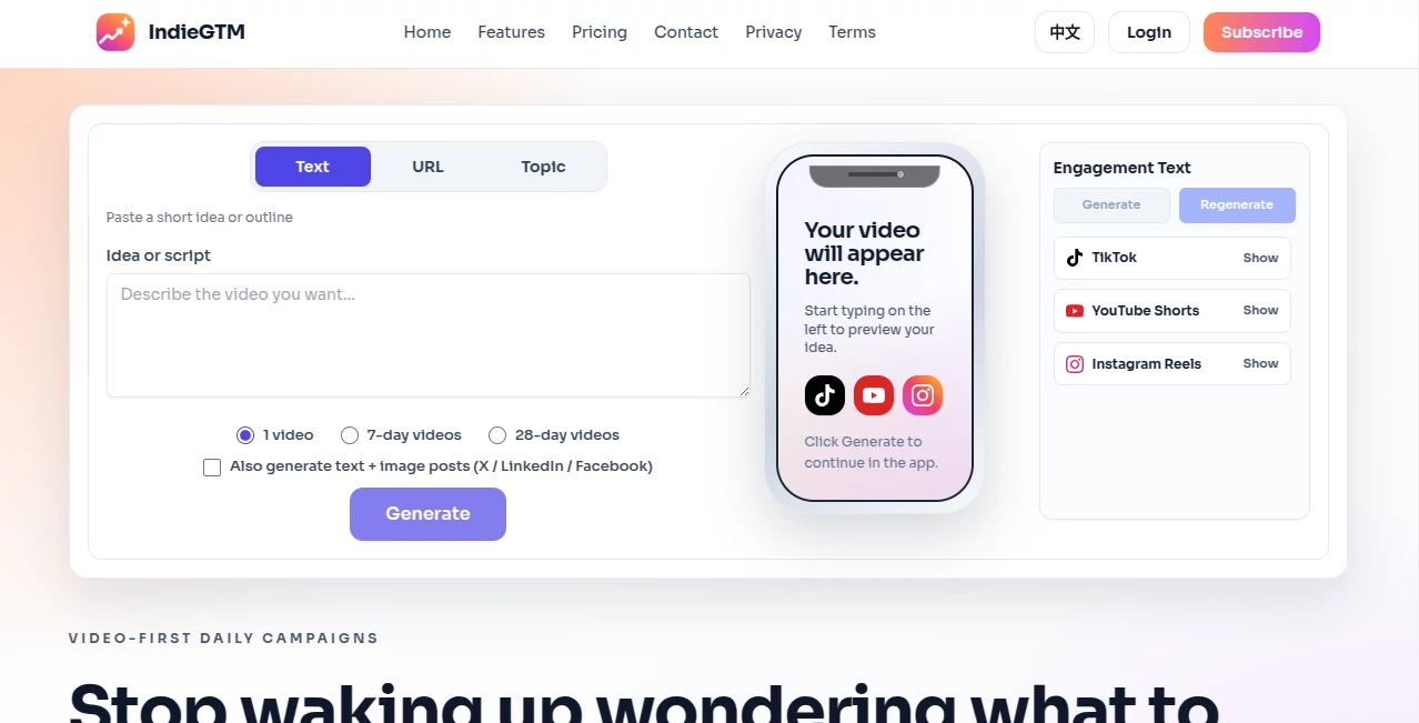 Screenshot of IndieGTM – An AI tool in the ,AI Content Generator ,AI Social Media Assistant ,AI Digital Marketing Generator ,AI Marketing Plan Generator  category, showcasing its interface and key features.