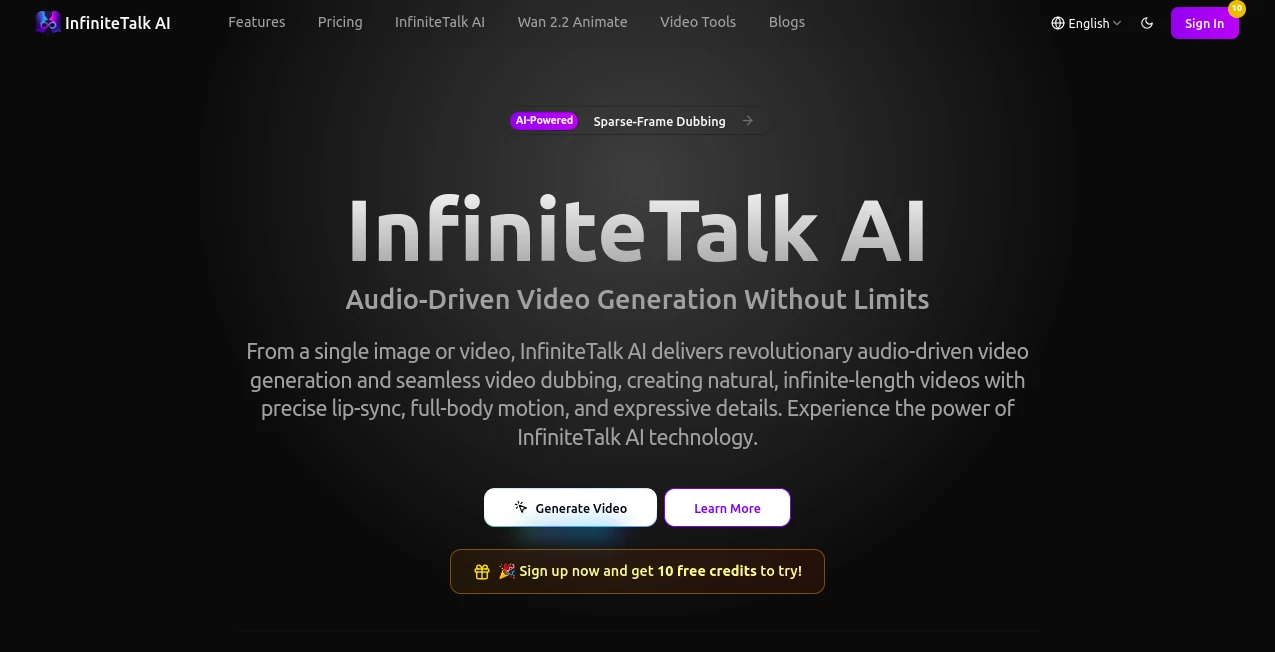 Screenshot of InfiniteTalk AI – An AI tool in the ,AI Animated Video ,AI Image to Video ,AI Video Generator ,AI Lip Sync Generator  category, showcasing its interface and key features.