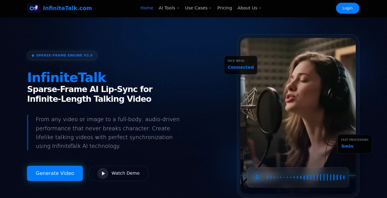 Screenshot of InfiniteTalk – An AI tool in the ,AI Animated Video ,AI Image to Video ,AI Video Generator ,AI Text to Video  category, showcasing its interface and key features.