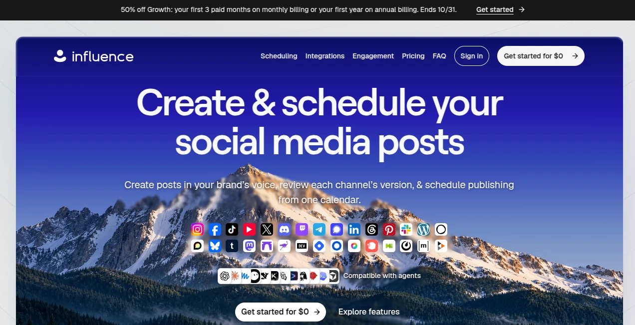 Screenshot of Influence – An AI tool in the ,Marketing ,AI Social Media Assistant ,AI Copywriting  category, showcasing its interface and key features.