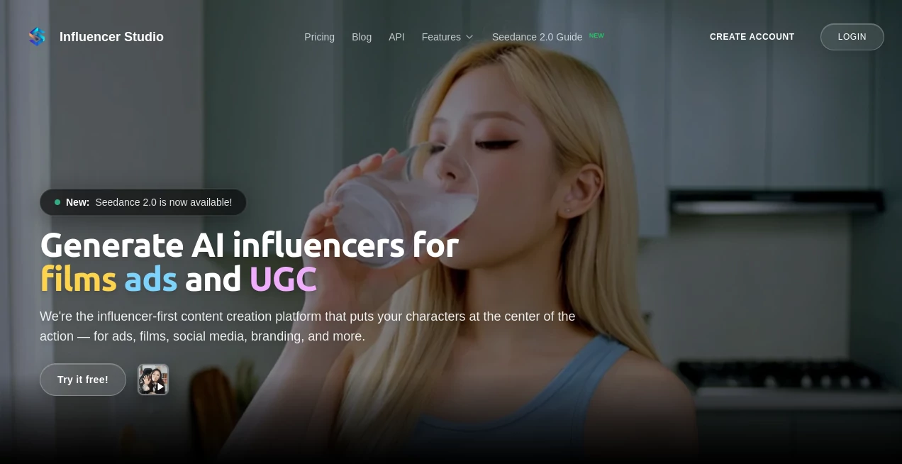 Screenshot of Influencer Studio – An AI tool in the ,AI Photo & Image Generator ,AI Video Generator ,AI Social Media Assistant ,AI Advertising Assistant  category, showcasing its interface and key features.