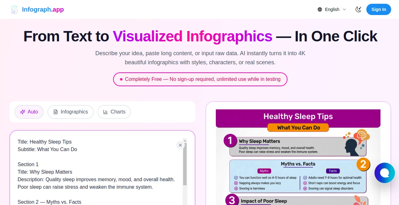 Screenshot of Infograph.app – An AI tool in the ,AI Content Generator ,AI Charting ,AI Design Generator ,AI Presentation Generator  category, showcasing its interface and key features.