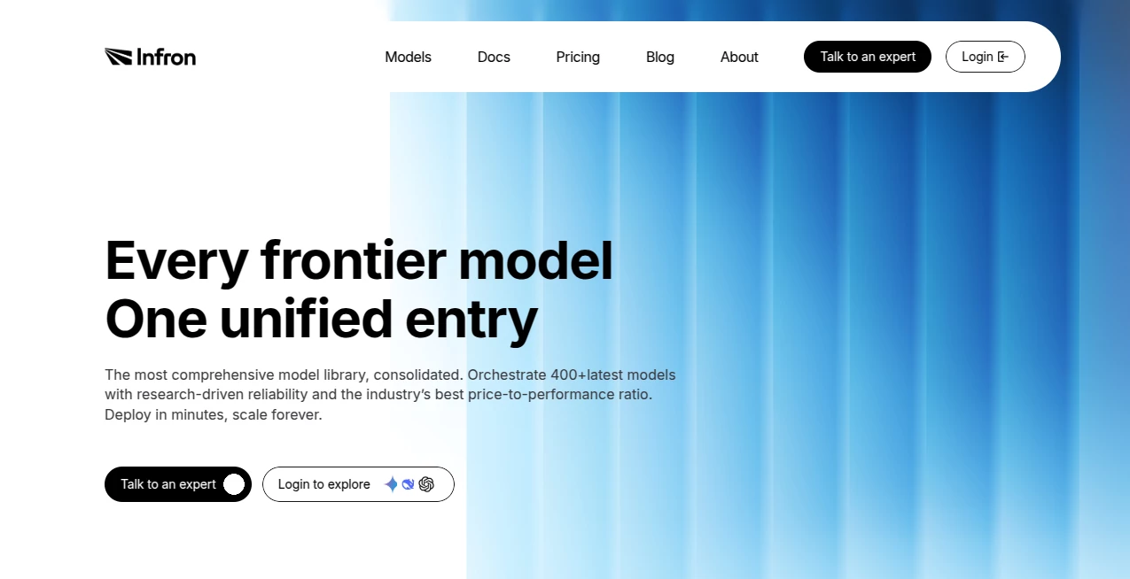 Screenshot of Infron AI – An AI tool in the ,AI API Design ,AI Developer Tools ,AI Research Tool ,Large Language Models (LLMs)  category, showcasing its interface and key features.