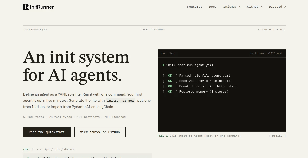 Screenshot of InitRunner – An AI tool in the ,AI No-Code & Low-Code ,AI Developer Tools ,AI App Builder ,AI Workflow Management  category, showcasing its interface and key features.