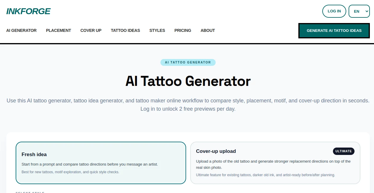Screenshot of Inkforge – An AI tool in the ,AI Tattoo Generator  category, showcasing its interface and key features.