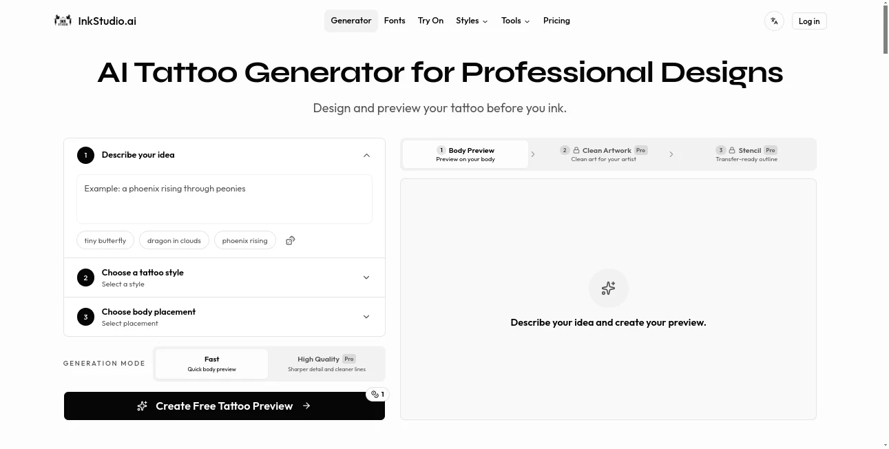 Screenshot of InkStudio.ai – An AI tool in the ,AI Photo & Image Generator ,AI Tattoo Generator ,AI Art Generator ,AI Design Generator  category, showcasing its interface and key features.