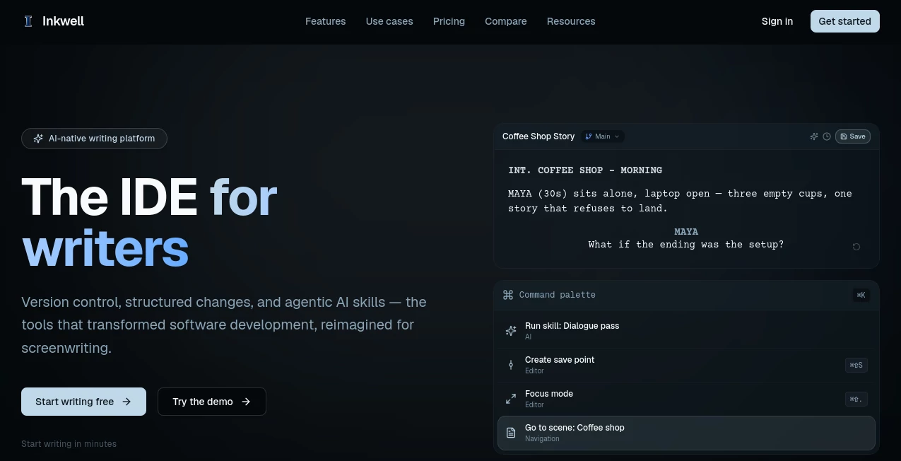 Screenshot of Inkwell – An AI tool in the ,AI Creative Writing ,AI Script Writing ,AI General Writing ,AI Writing Assistants  category, showcasing its interface and key features.