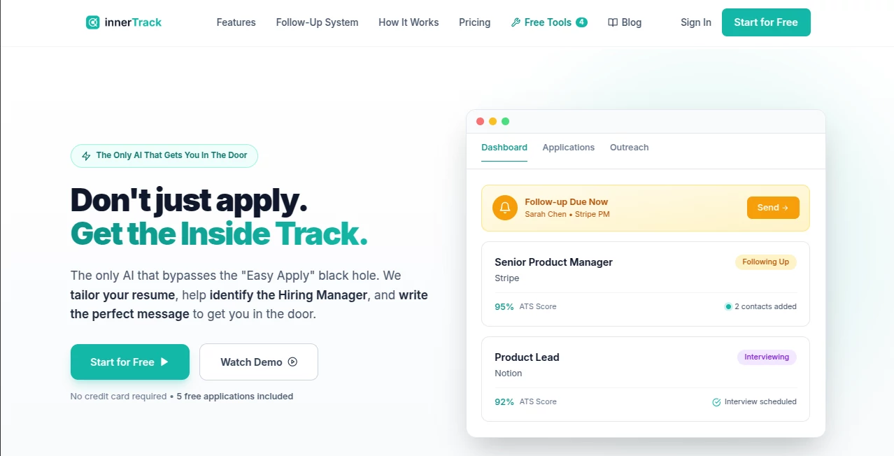 Screenshot of innerTrack – An AI tool in the ,AI Interview Assistant ,AI Recruiting ,AI Resume Builder  category, showcasing its interface and key features.