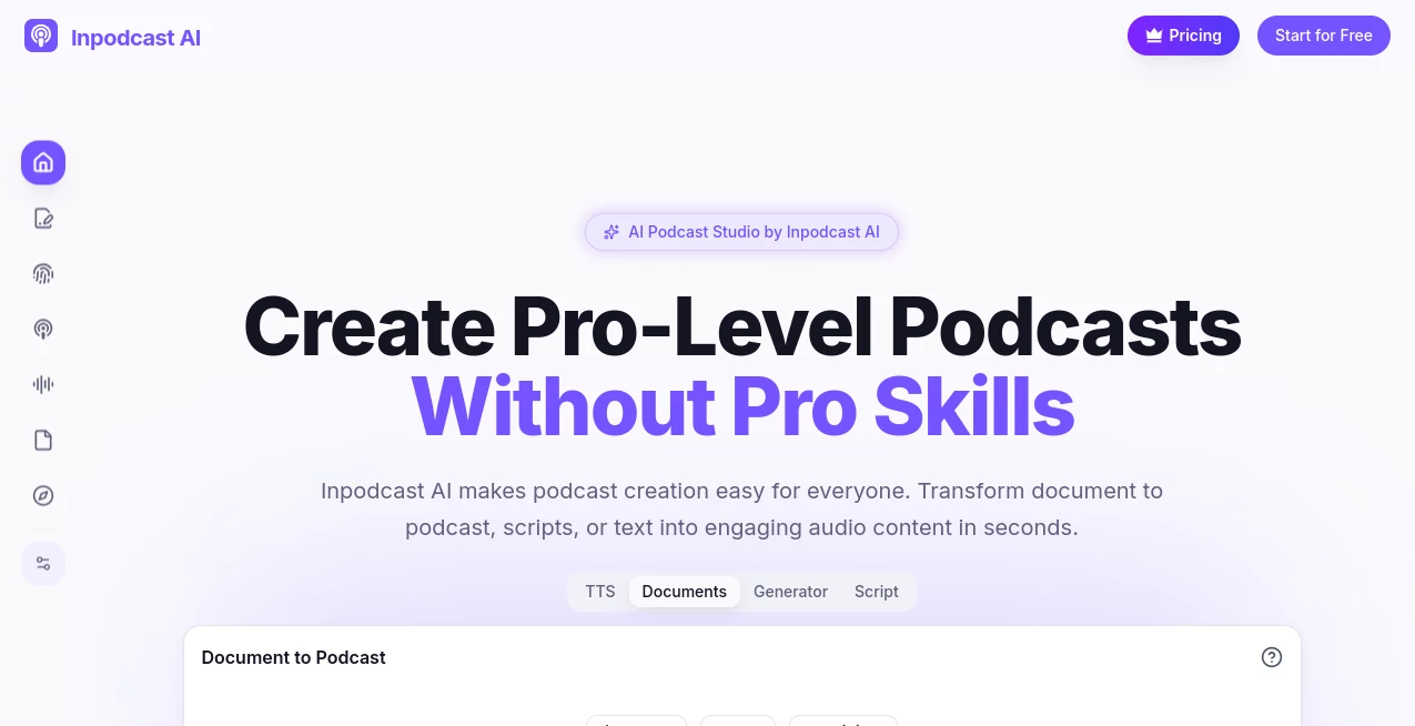 Screenshot of Inpodcast AI – An AI tool in the ,AI Transcription ,AI Audio Enhancer ,AI Text to Speech ,AI Podcast Assistant  category, showcasing its interface and key features.