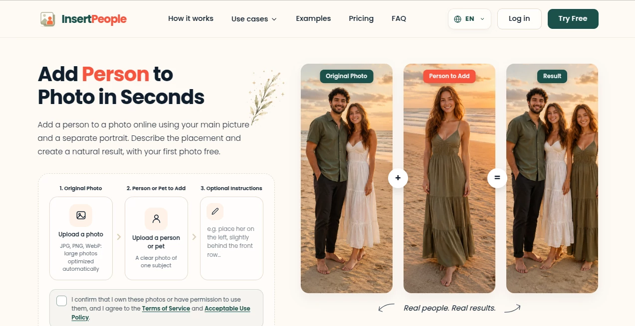 Screenshot of InsertPeople – An AI tool in the ,AI Photo & Image Generator ,Photo & Image Editor ,AI Photography ,AI Image to Image  category, showcasing its interface and key features.