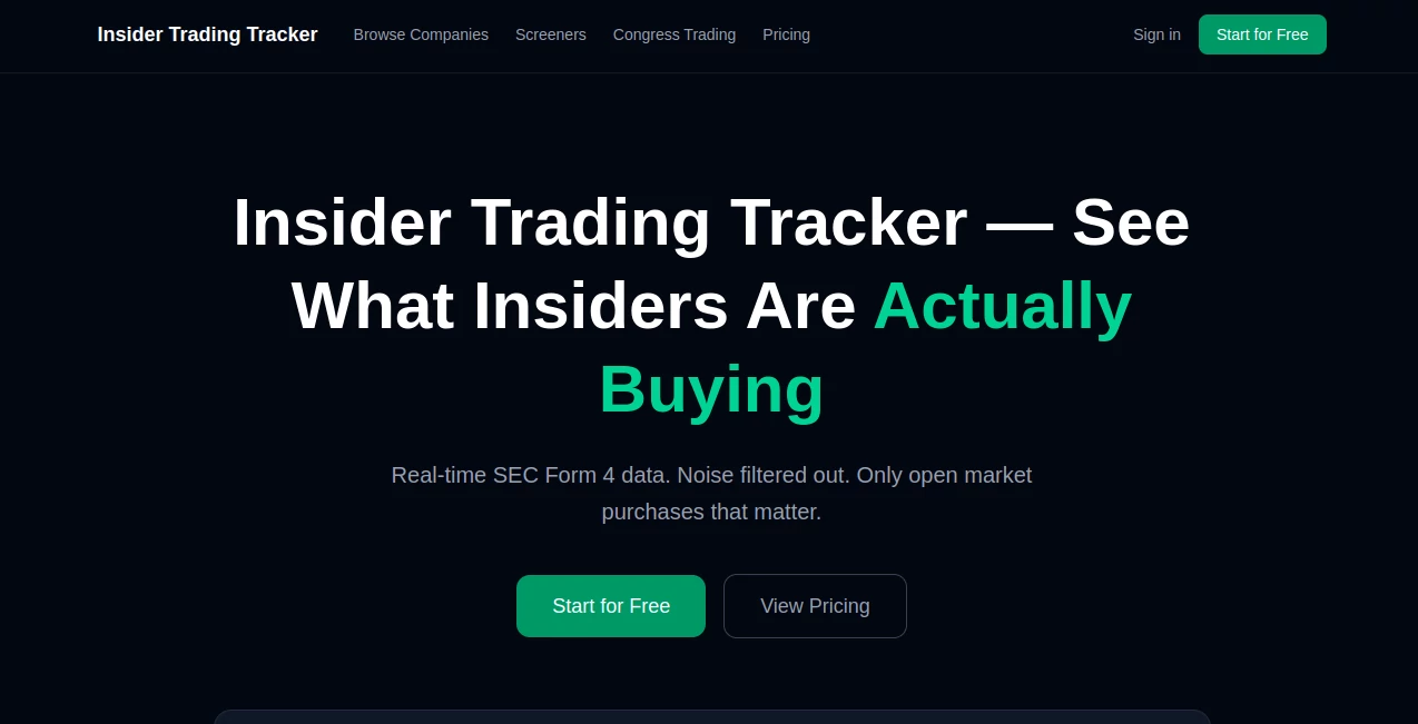 Screenshot of Insider Trading Tracker – An AI tool in the ,AI Investing Assistant ,AI Research Tool ,AI Analytics Assistant ,AI Trading Bot Assistant  category, showcasing its interface and key features.