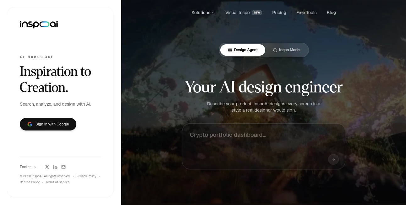 Screenshot of Inspo AI – An AI tool in the ,AI Design Assistant ,AI Website Designer ,AI Design Generator ,AI Graphic Design  category, showcasing its interface and key features.