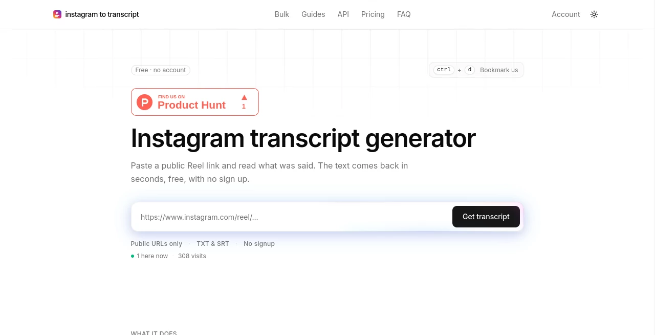 Screenshot of Instagram to Transcript – An AI tool in the ,AI Instagram Assistant ,AI Speech to Text ,Video ,AI Transcription ,AI Transcriber  category, showcasing its interface and key features.