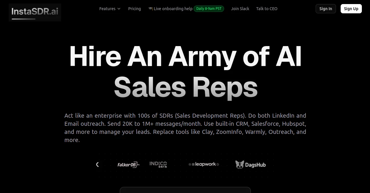 Screenshot of instaSDR AI – An AI tool in the ,AI Analytics Assistant ,AI Social Media Assistant ,AI CRM Assistant ,Marketing ,AI Sales Assistant  category, showcasing its interface and key features.