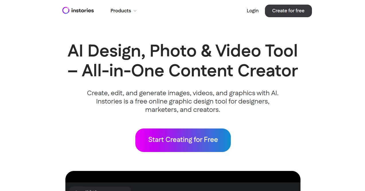 Screenshot of Instories – An AI tool in the ,AI Video Editor ,AI Content Generator ,AI Social Media Assistant ,AI Presentation Generator  category, showcasing its interface and key features.